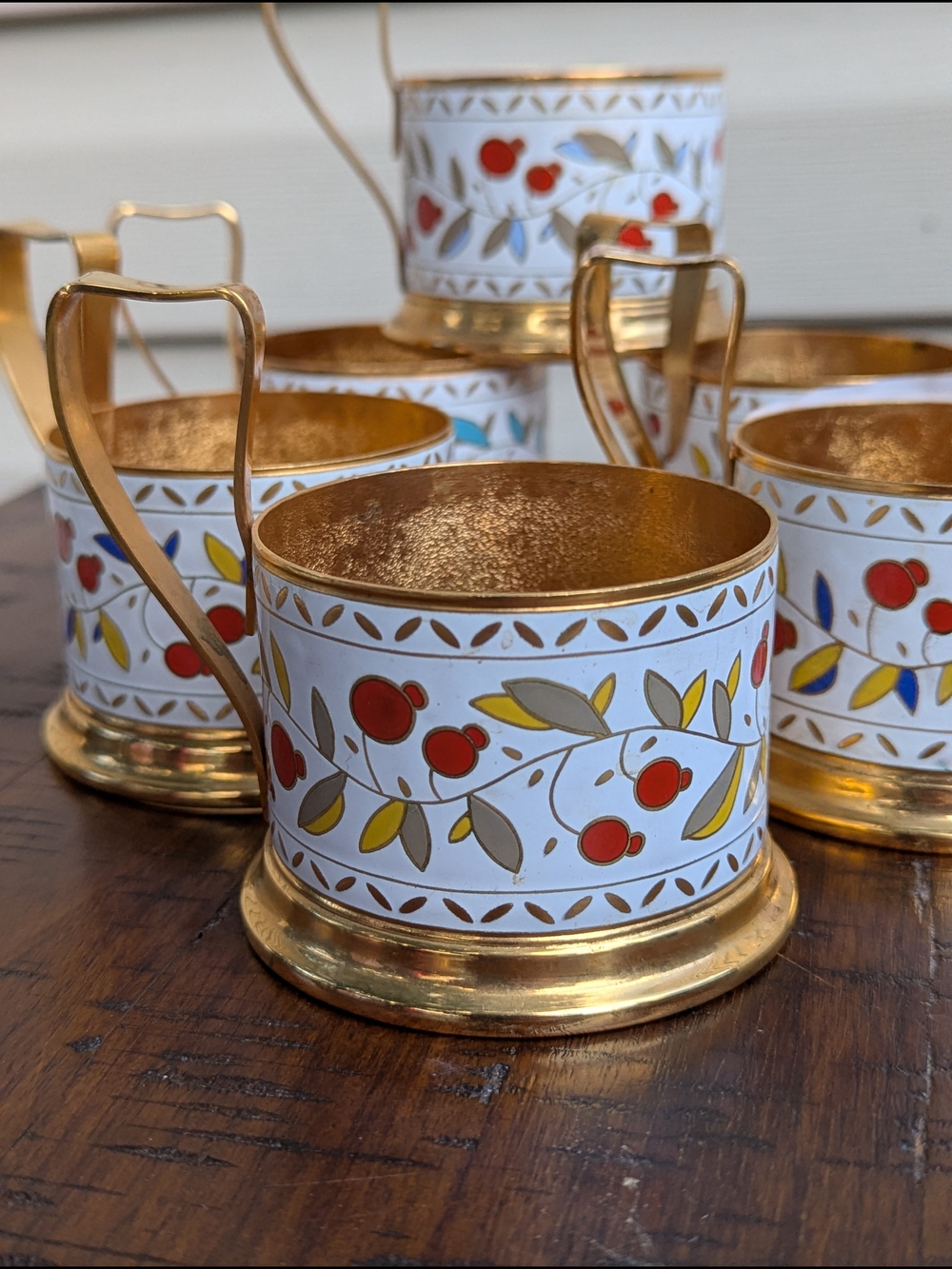 Vintage Russian Enamel & Goldtone Tea Glass Holders with Cherry Motif (Set)